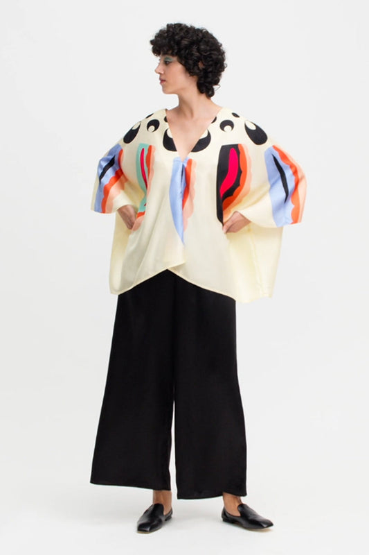 Womens Co ord Set Which Has Colorful Abstract Print Kaftan Style Top And Black Pant  