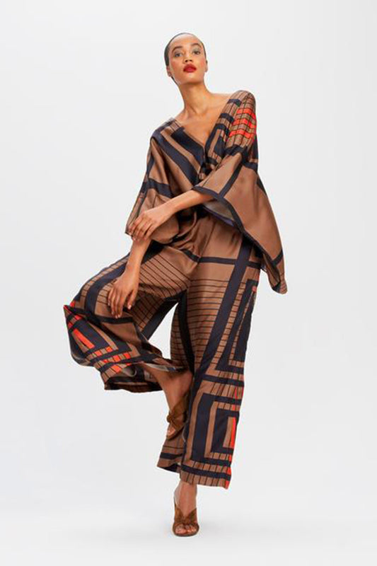 Brown Color Womens Co ord Set With V Neck Style Geometric Print