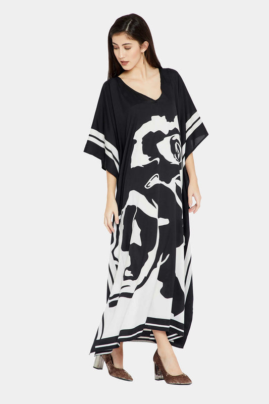 Floral Design In Black And White Color Silk Kaftan For Womens