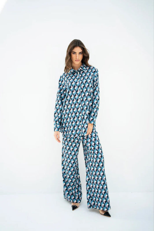 Blue Color Womens Coord Set Geometric Design 