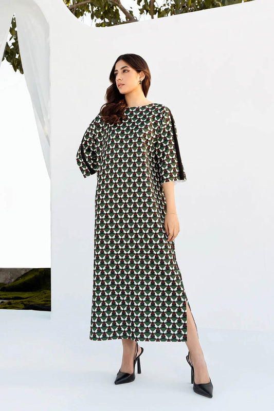 Stylish woman in black geometric A line midi Kurti