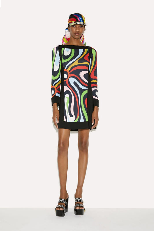 Colorful Womens Top dress with retro swirl pattern and black trim
