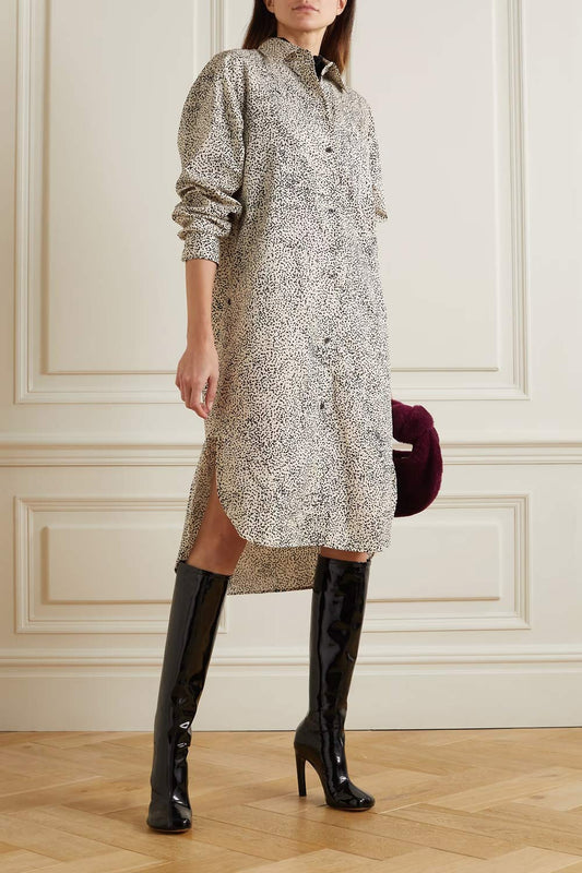 Women's neutral animal print midi shirt dress with button down front and long sleeves