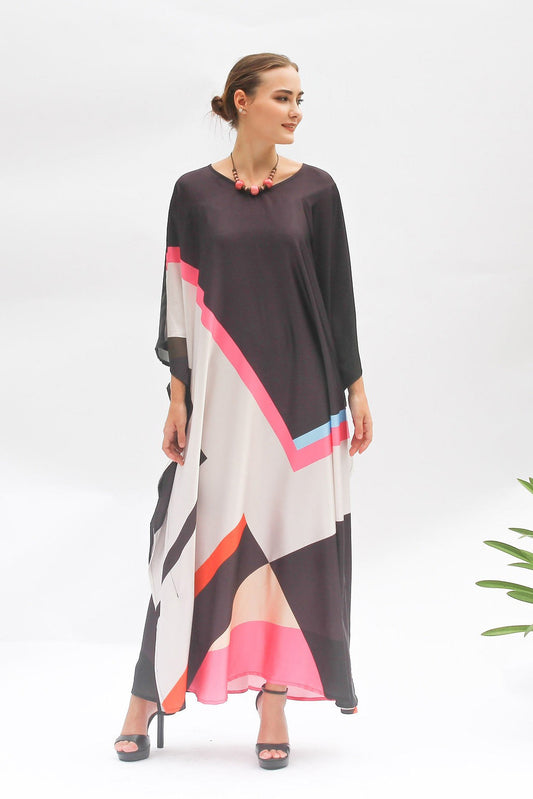 Satin Radiance Round neck Kaftan Abstract Elegance