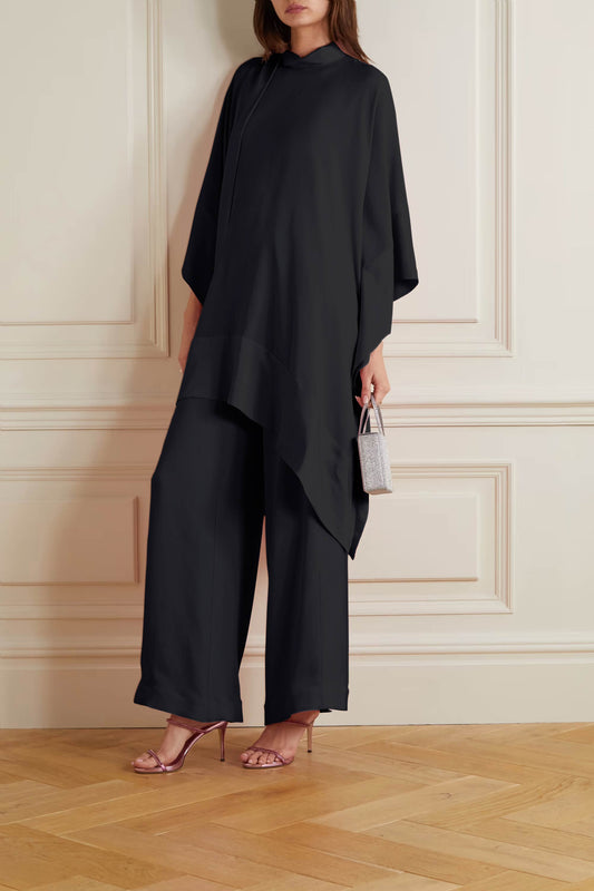 Black Color Womens Premium Silk  Co ord Set With Culottes Pant 