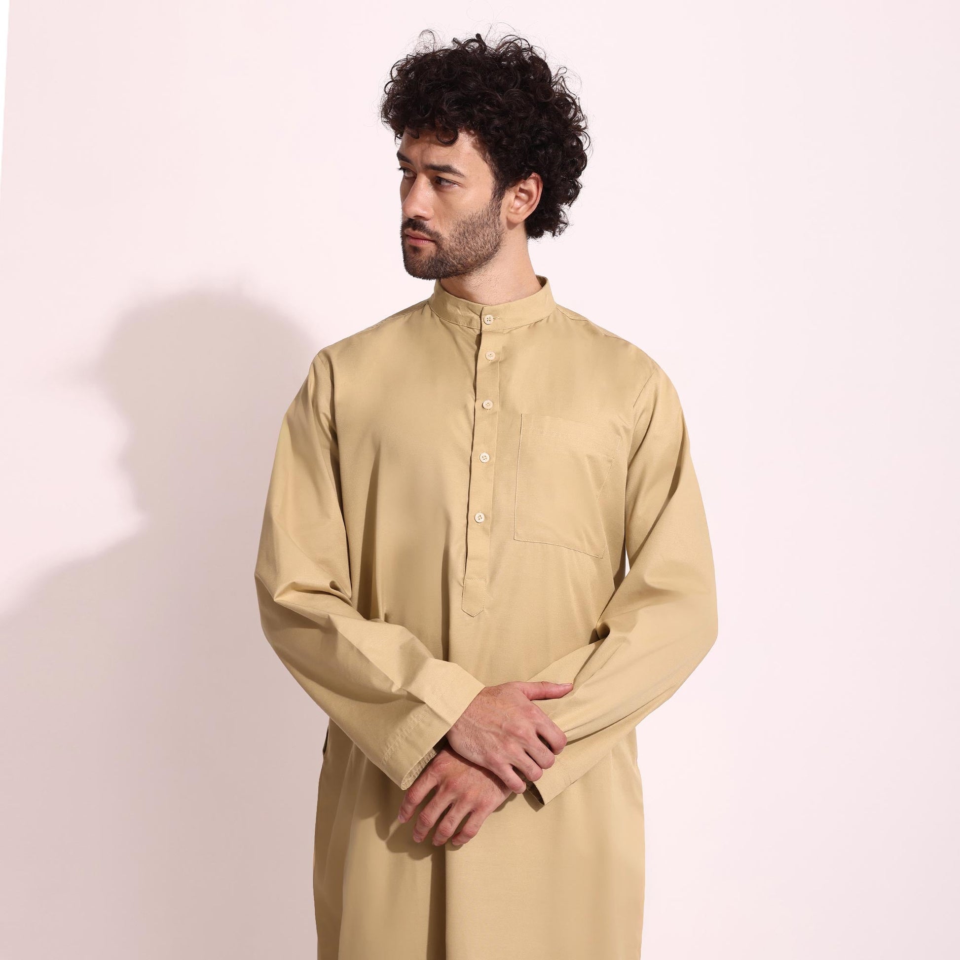 Mens Cotton Fabric Formal Thobe Beige Color