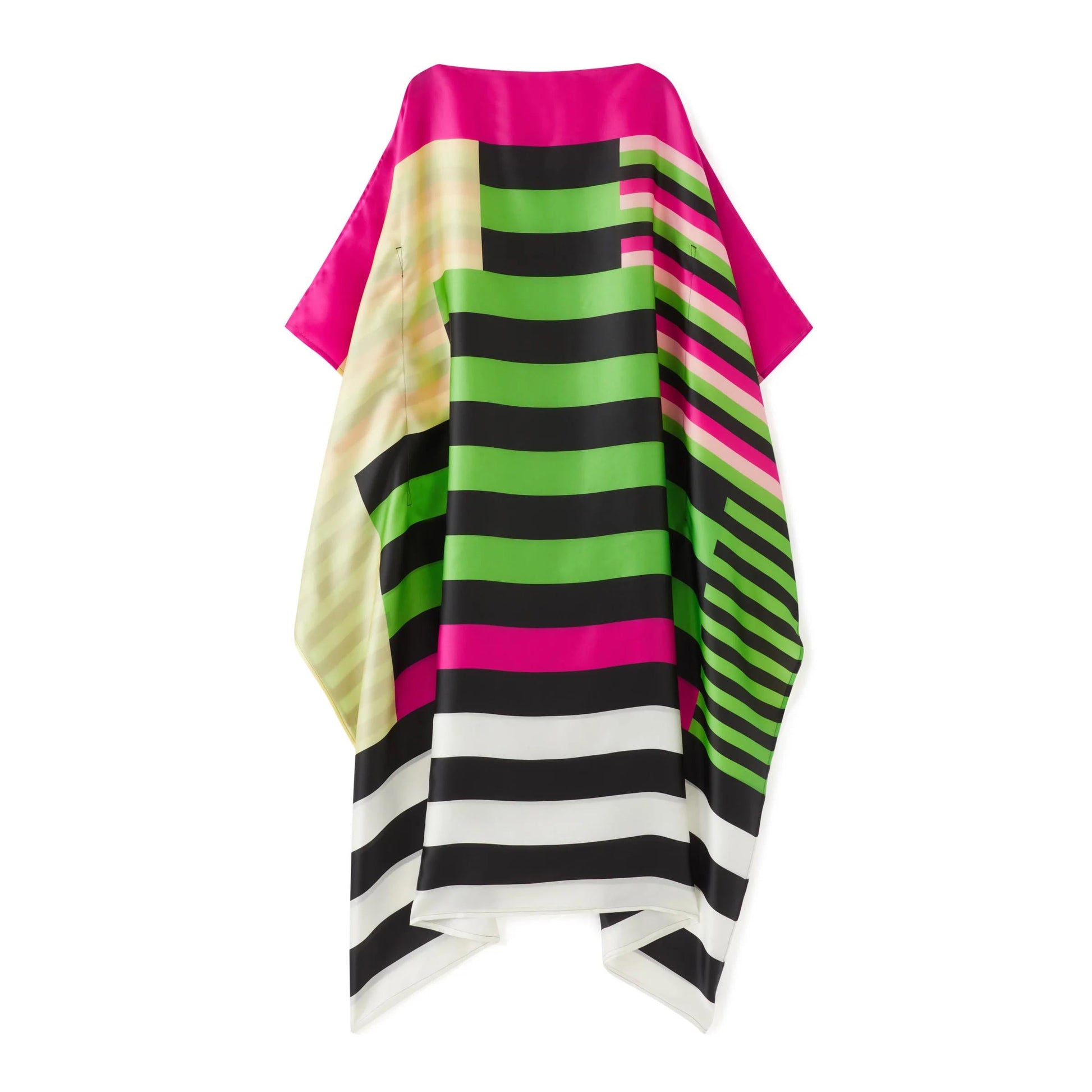 A vibrant striped silk kaftan with bold color block patterns in pink, green, black, and white.