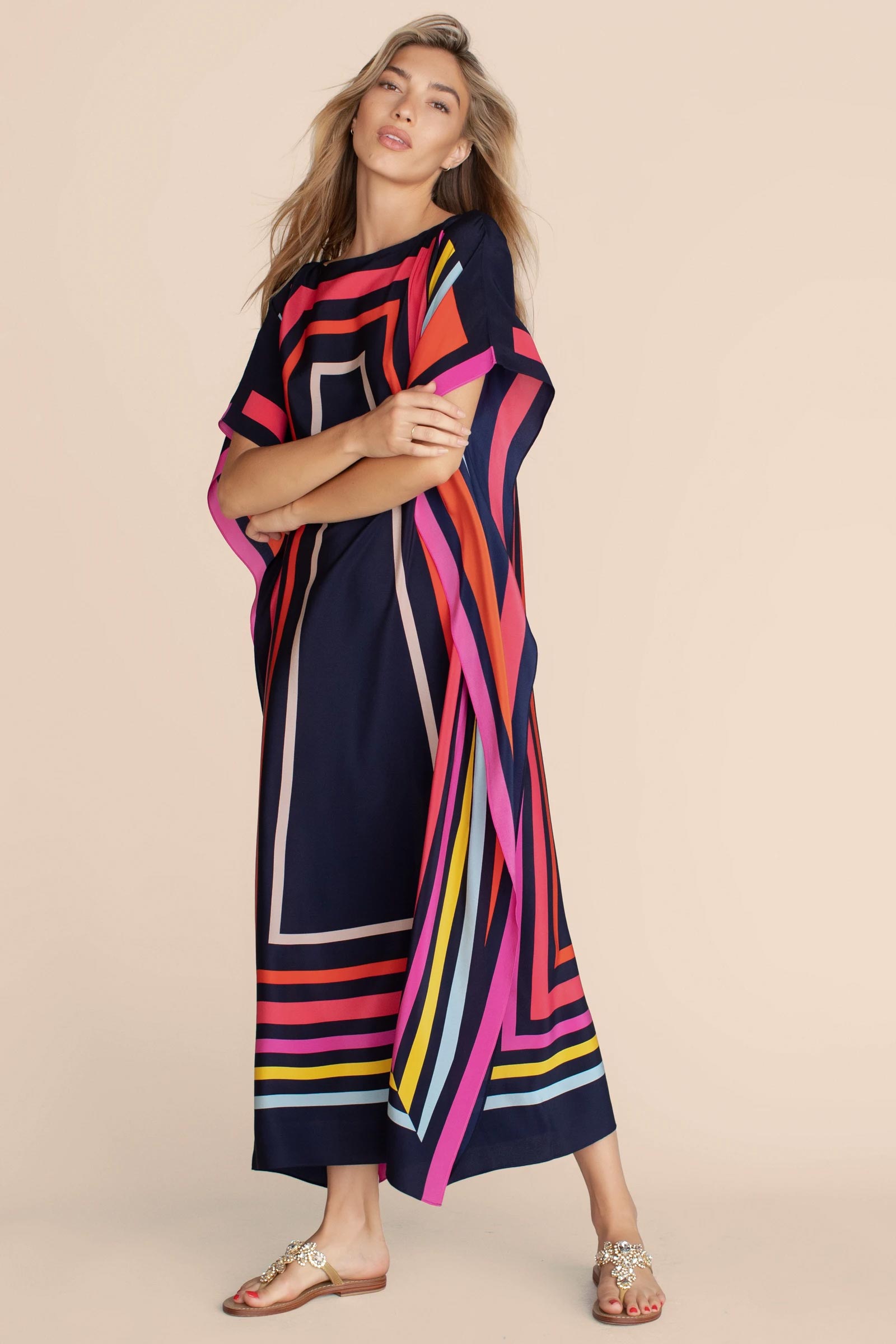Womens Kaftan Premium Silk Fabric With Geometric Print With Beautiful Vibrant Colors